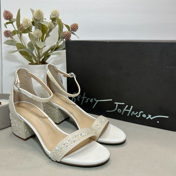 Betsey Johnson SB-Mari Block Heel Sandals Rhinestone Pearl White Women's 6.5M - Picture 1 of 9